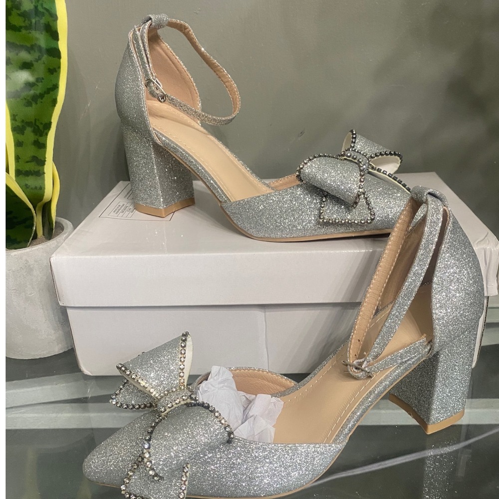 Silver Glitter Block Heel Pumps Rhinestone Bow Ankle Strap Evening Shoes Size